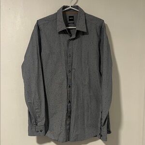 Boss Men's Navy and White Patterned Shirt with Orange Accents